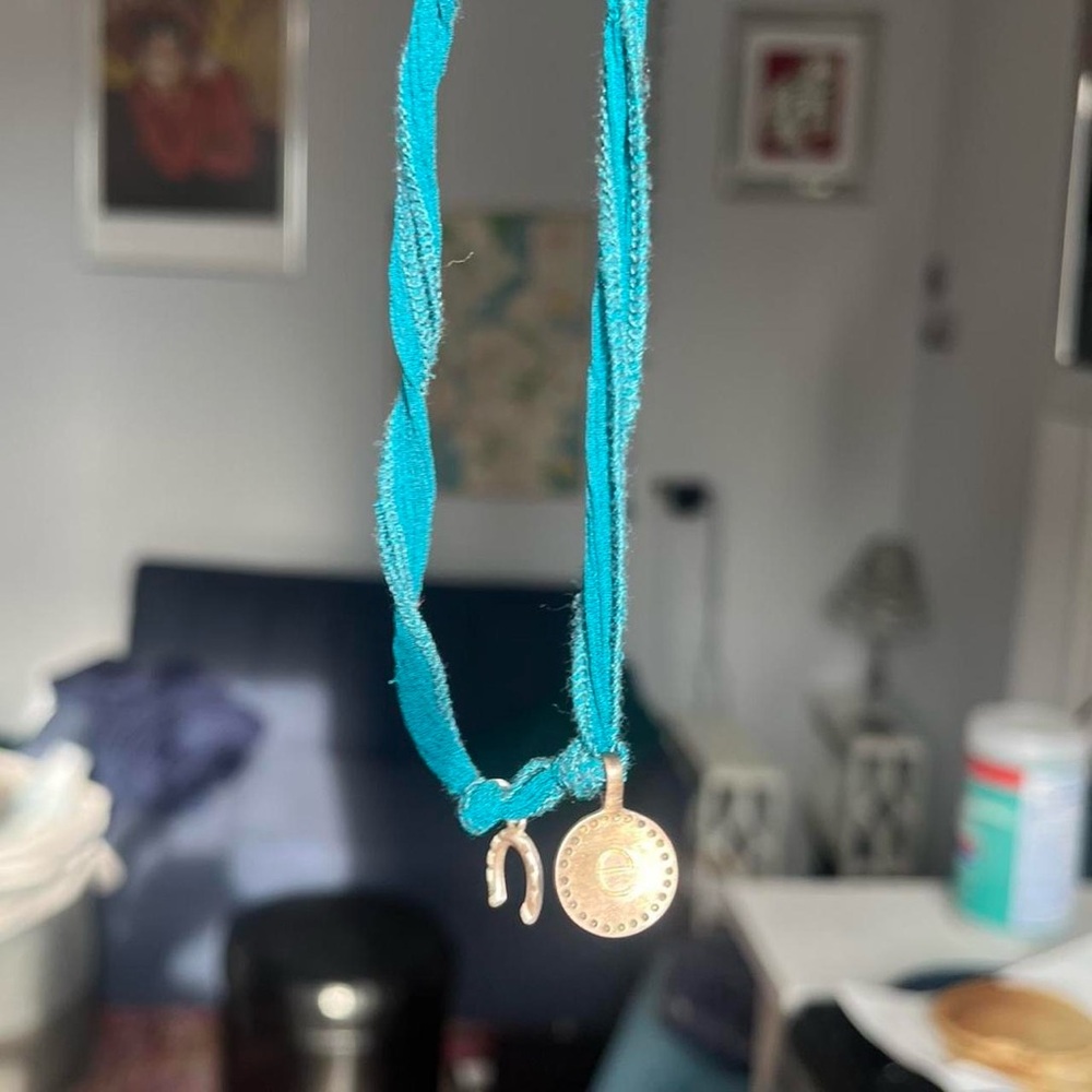 Turquoise Ribbon Necklace with Gold Charms
